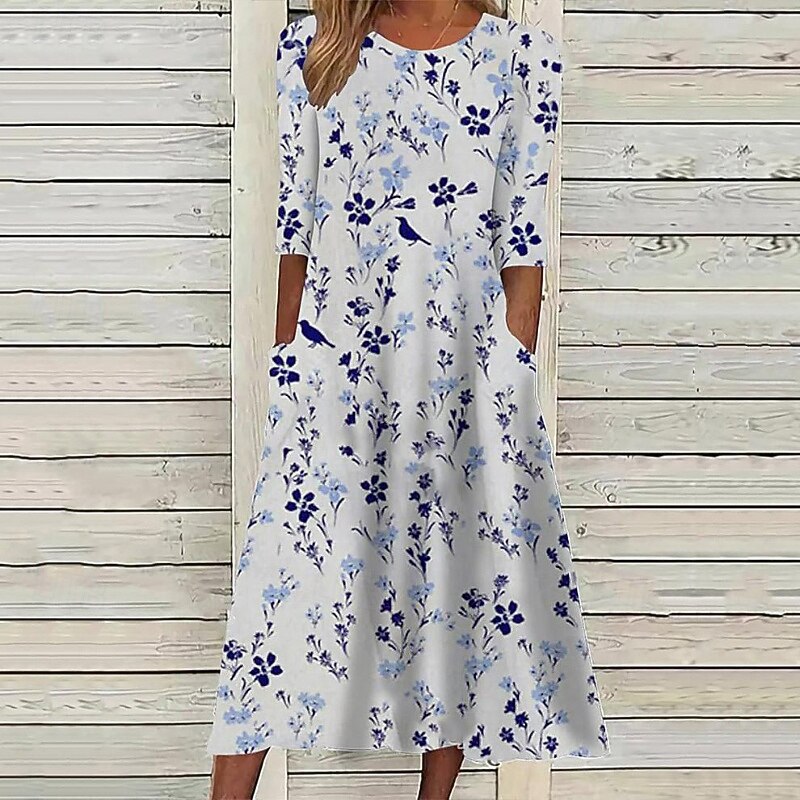 Women's Long Dress Maxi Dress Casual Dress Floral Dress Classic Modern Outdoor Daily Going out Regular Fit Flower Long Sleeve Crew Neck White Blue Fall3