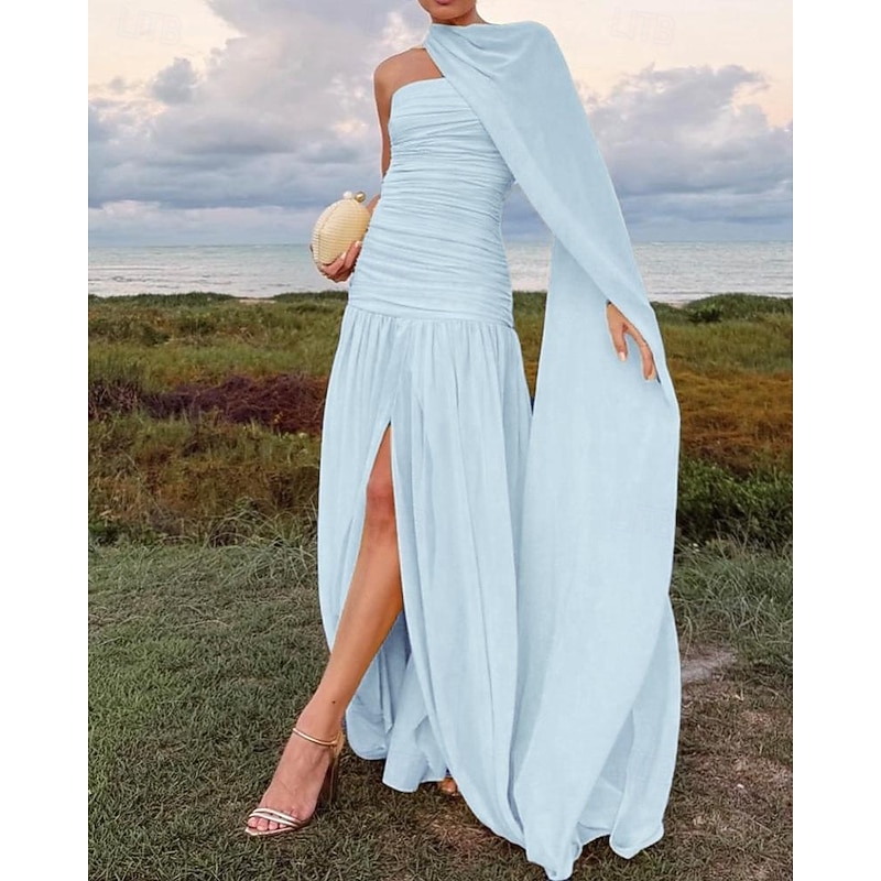 A-Line Evening Gown Dropped Waist Dress Semi Formal Wedding Guest Cape Dress Floor Length Sleeveless Off Shoulder Chiffon with Ruched Dreails4