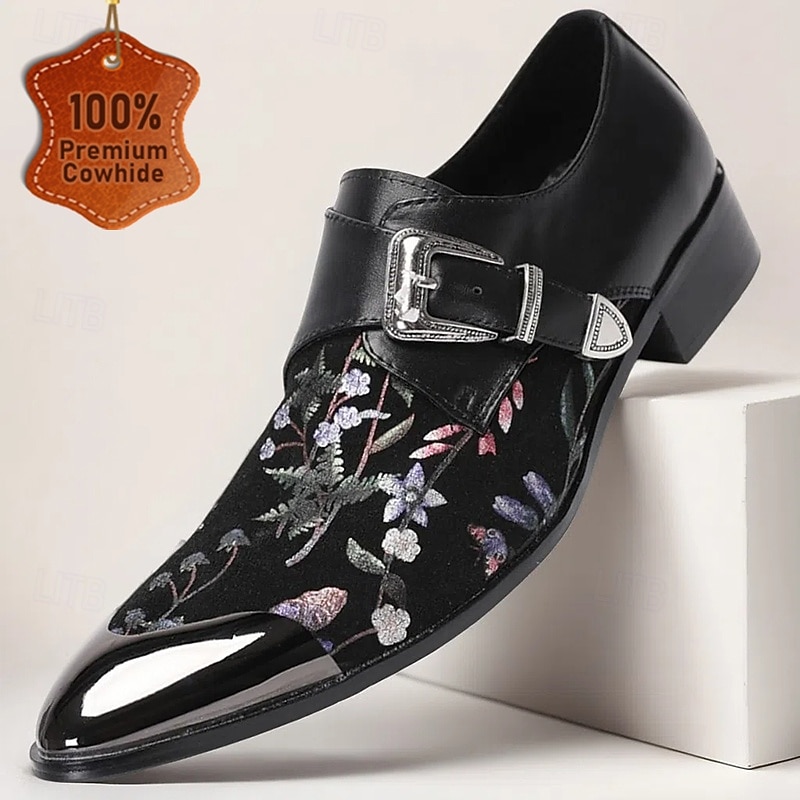 Men's Black Leather Monk Strap Shoes with Gold Tip Floral Embroidery–Stylish Formal Shoes for Gala Dinners and Parties