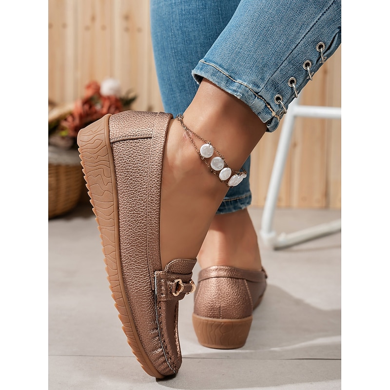 Women's Metallic Faux Leather Moccasin Loafers with Gold Horsebit Detail, Slip-On Comfort Flats for Driving, Work and Casual Outings4