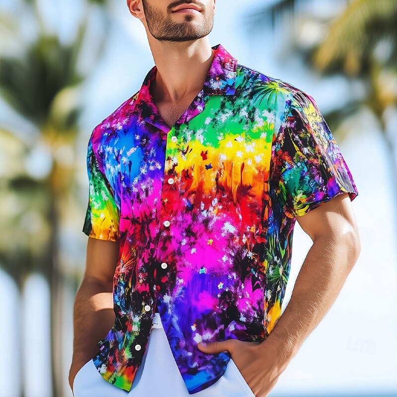 Men's Rainbow LGBT Pride Shirt Casual Shirt Cuban Collar Shirt Short Sleeve Fashion Casual Holiday Summer Spring Stand Collar Camp Collar Shirt 3D Print Rainbow