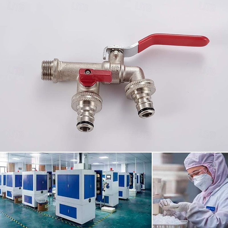 Double Garden Tap with Connector, G1/2 Inch Inlet and Two G3/4 Inch Outlet Outside Taps, Antifreeze, High Temperature Resistance, Double Tap Ball Valve Outside Faucet3