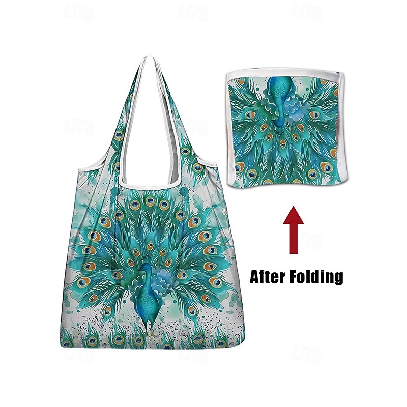 Women's Peacock Print Folding Tote Bag - Large Capacity Reusable Shopping Bag with Elegant Watercolor Design, Lightweight and Stylish, Great for Daily Use, Travel and Eco-friendly Shopping3