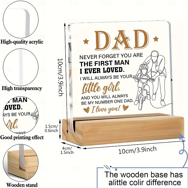 Dad Gift from Daughter, Vertical Acrylic Plaque with Wooden Base, Heartfelt Father's Day or Christmas Gift, No Power Needed, No Feather2