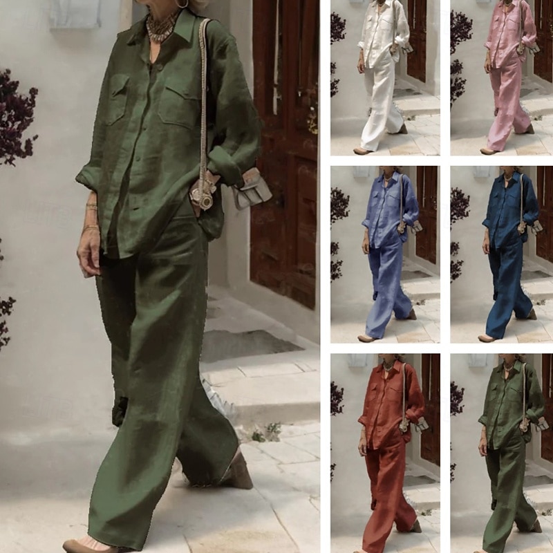 Women's Active Shirt Cotton Linen Shirts Blouse Long Sleeve Shirt Collar Solid Color Dubbele Rij Knopen Vacation Date White Pink Wine Summer Regular Fit