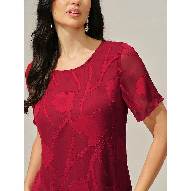 Women's Knee Length Dress Chiffon Dress Elegant Casual Loose Fit Floral Short Sleeve Crew Neck Red Summer2