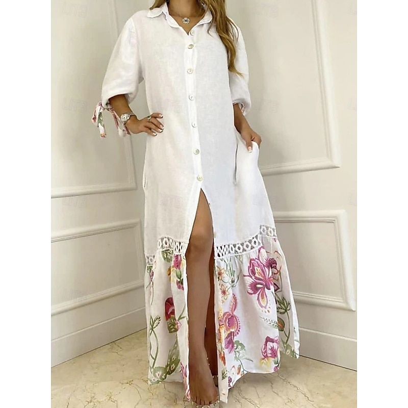 Women's Maxi Dress A Line Dress Vacation Casual Beach Outdoor Going out Regular Fit Floral Graphic 3/4 Length Sleeve V Neck White Yellow Pink Blue Summer Spring