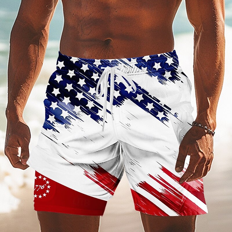 Independence Day Men's US Flag Patriotic Fourth of July Lined Shorts 2 in 1 Board Shorts Swim Trunks Mid Waist Holiday Side Pockets With Compression Liner Elastic Drawstring Waist Designer Clothing
