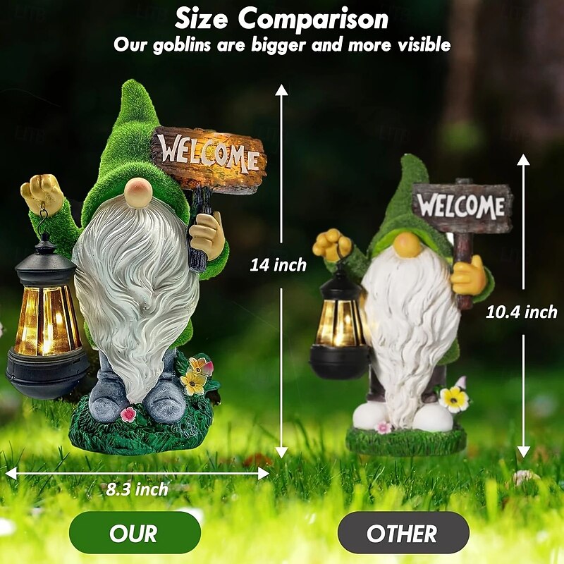 Outdoor Garden Lighs Gnome Statue Outdoor Decoration Large Flocked Resin Gnome Statue with Solar Light Handheld Lantern Welcome Sign Garden Yard Patio Porch Lawn Decoration3
