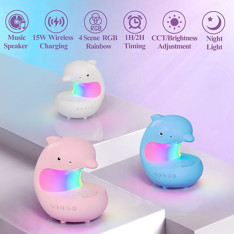 1 Pc Mobile Wireless Charging Night Light Music Player RGB Colorful Lights Follow Music Rhythm Cute Dolphin Shaped Type-C Plug in Bedroom Bedlight Dimming Timer Function2