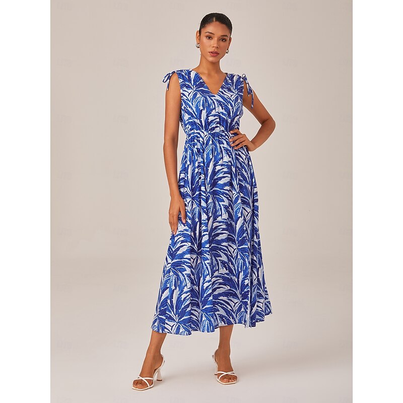Petite Leaf Print Drawstring Short Sleeve Maxi Dress