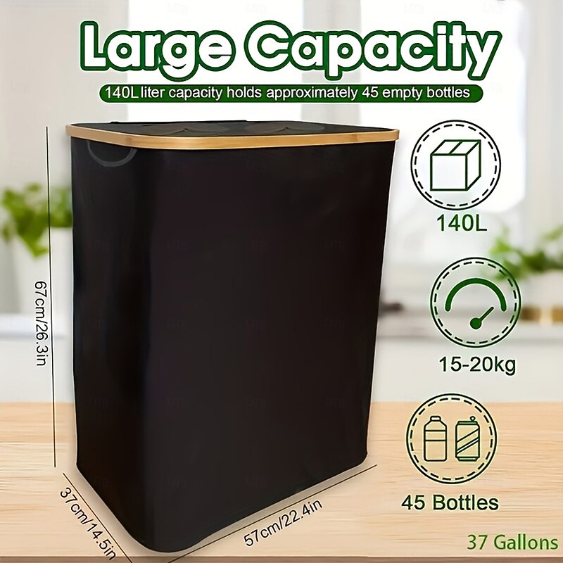 Recycling Bin Double Hole Oxford Cloth , 140L Bamboo Frame Laundry Basket with Lid and 2 Polyester Inner Bags, Foldable Indoor Trash and Recycling Container3