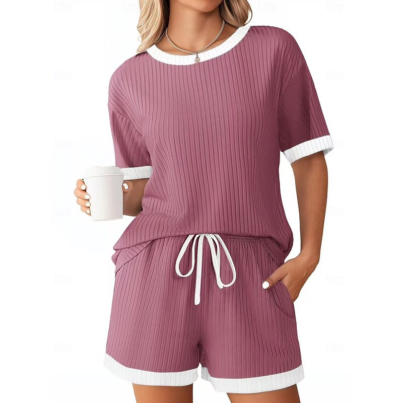 Women's EU / US Size Loungewear Fashion Casual Patchwork Pullover Shorts Home Daily Short Sleeve Crew Neck Black Light Green Wine Red Fuchsia Summer Spring Fall Regular Fit3