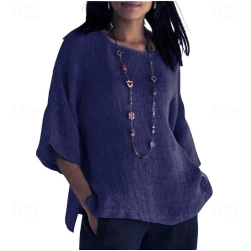 Women's Shirt Blouse Cotton Linen Shirts Solid Color Stylish Casual 3/4 Length Sleeve Crew Neck Regular Tops Daily Yellow Pink Gray Summer Spring4