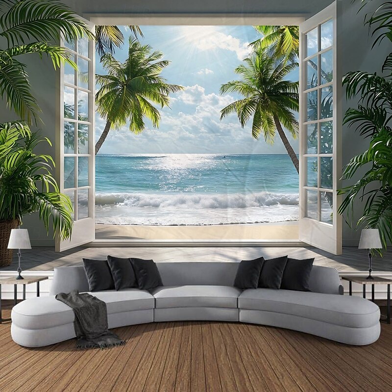Window curtains ocean waves coconut trees landscape tapestries decorative art blankets curtains hanging home bedroom living room decoration3