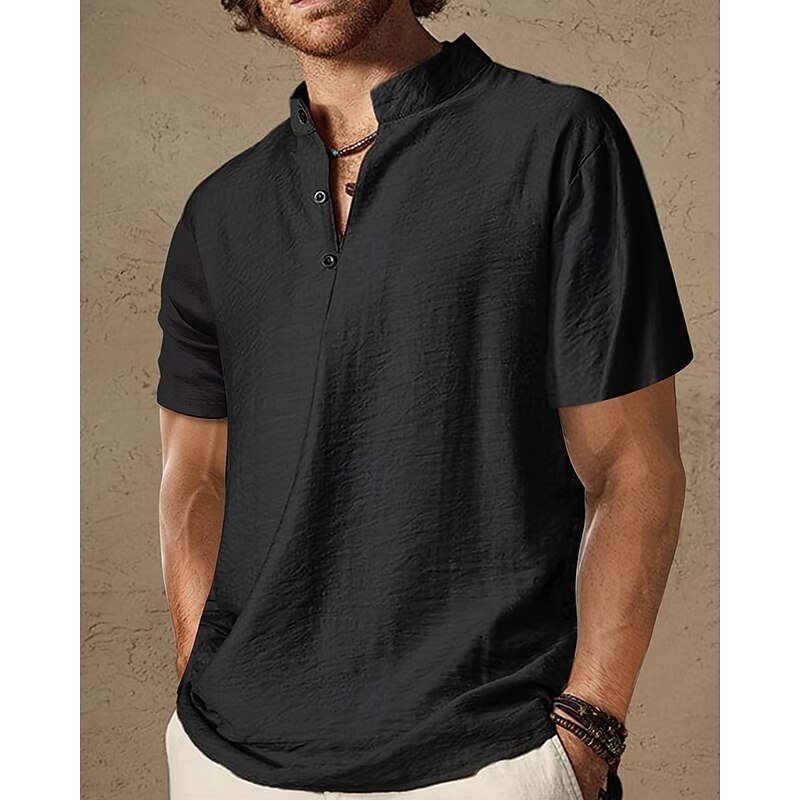 Men's Shirt Popover Shirt Summer Shirt Casual Shirt Beach Shirt Black Brown Short Sleeve Plain Band Collar Vacation Hawaiian Clothing Apparel Polyester Fashion Casual Comfortable3