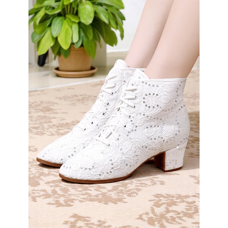 Women's White Lace-Up Performance Dance Boots with Rhinestone Accents - Vintage-Style Stage Shoes for Ballroom Shows, Costume Performances, and Theatrical Events