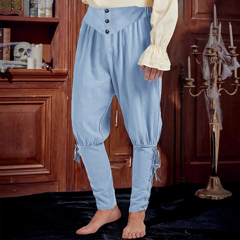 Men's Linen Pants Trousers Summer Pants Casual Pants Pirate Pants Elastic Waist Leg Drawstring Plain Comfort Breathable Full Length Vacation Party Casual Ethnic Style Retro Vintage Black Sky Blue4