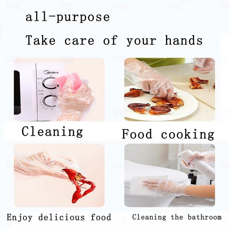 100PCS Thick Disposable Gloves, Transparent Waterproof PE Gloves for Food Handling, Kitchen Cleaning, Catering, Household Use4