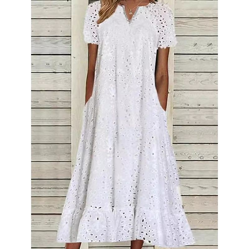 Women's Midi Dress A Line Dress Summer Dress Casual Daily Regular Fit Plain Short Sleeve V Neck Black White Fuchsia Summer