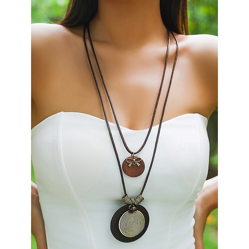 Women's Boho Layered Wood Pendant Necklace – Handmade Natural Alloy Beads, Ethnic Spiral Design, Lightweight Statement Jewelry for Casual Outfits, Summer Parties & Beach Vacations3