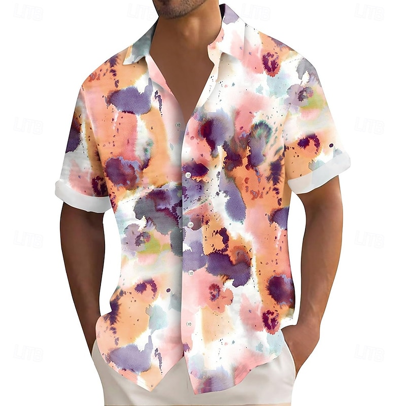 Men's Geometric Splash Ink Shirt Summer Shirt Button Up Shirt Short Sleeve Fashion Casual Outdoor Vacation Dailywear Summer Spring Turndown 3D Print Collared Shirts White2
