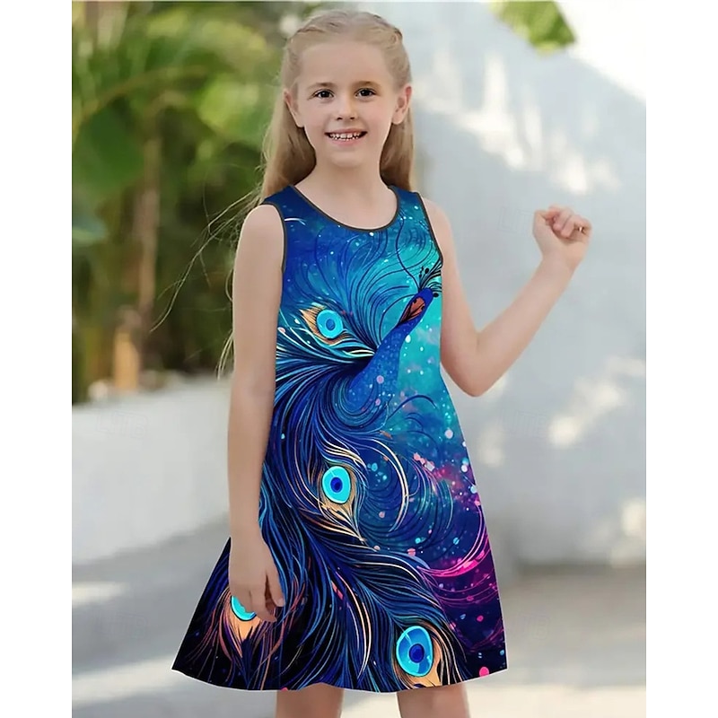 Girls' 3D Peacock Sunflower Dress Sleeveless Summer Spring Vacation Daily Holiday Princess Beautiful Sweet Kids 4-12 Years Casual Dress A Line Dress Knee-length Regular Fit