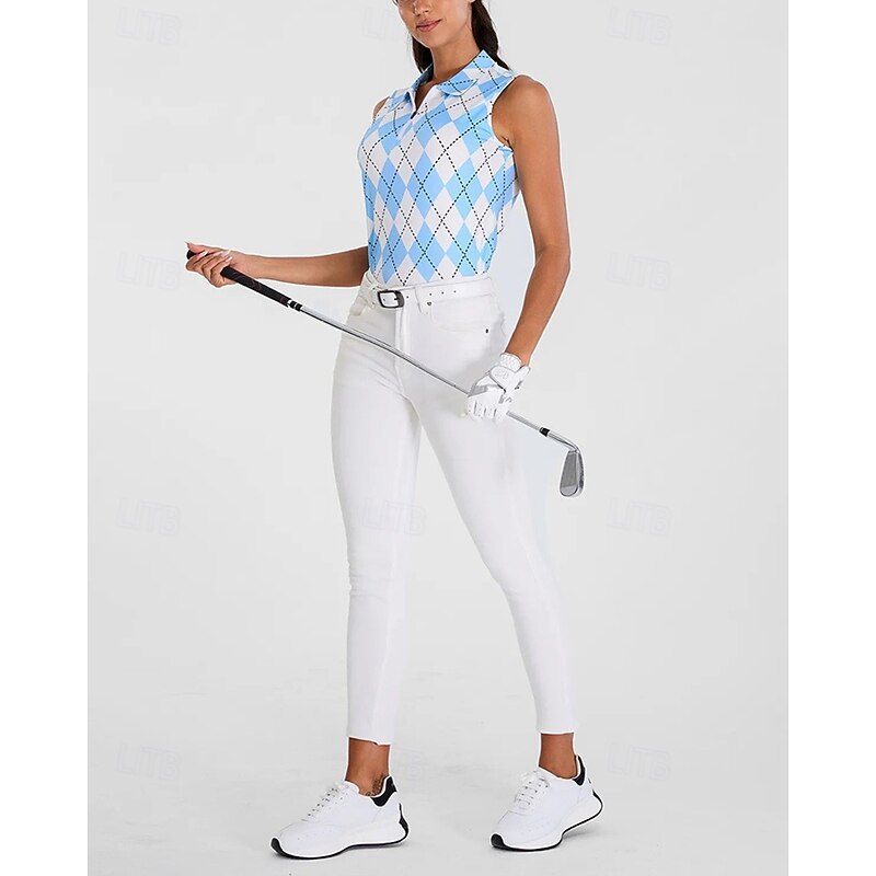 Women's Checkered Tennis Shirt Sleeveless Print UPF50+ Quick Dry Tennis Golf Outdoor Exercise Zip Collar Tee Tshirt Top Blue Tennis Clothing3