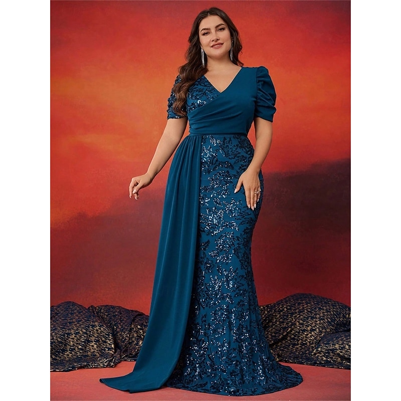 Mermaid / Trumpet Plus Size Dresses Elegant Curve Dress Formal Wedding Floor Length Short Sleeve V Neck Sequined with Sequin