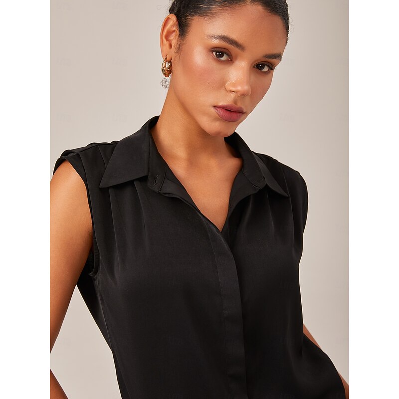 Satin Casual Solid Sleeveless Collared Shirt4