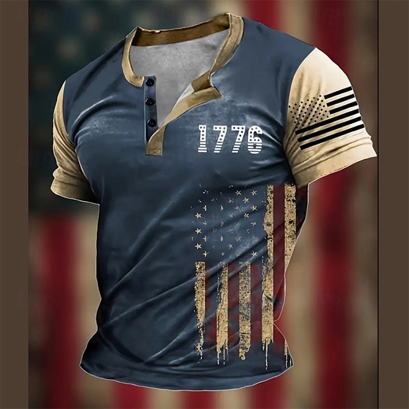 Men's Flag T Shirt Henley Shirt Short Sleeve Designer Retro Vintage Henley Street Casual Daily Summer Spring Navy Blue Henley Henley T-Shirt