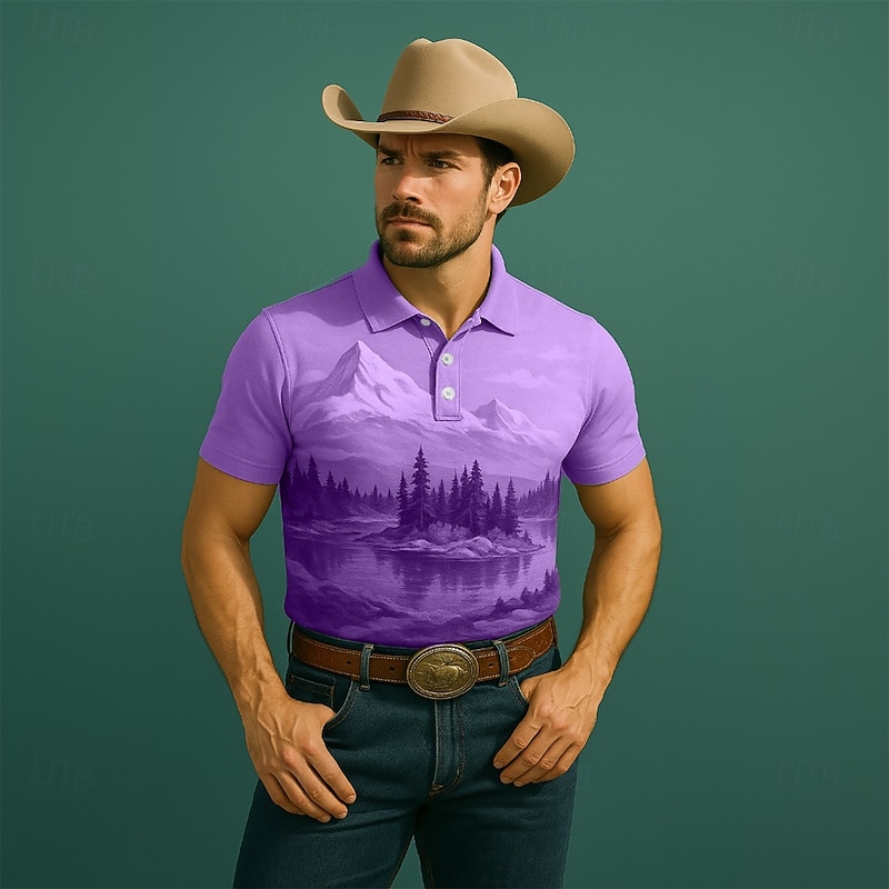 Men's Tree Mountain Polo Short Sleeve Polo Shirts Collared Shirts Casual Western Style Outdoor Athleisure Daily Wear 3D Print Summer Black Blue Purple4