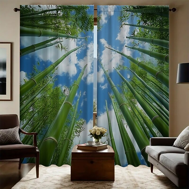 2-piece set of green bamboo forest pattern curtains suitable for study kitchen living room dormitory pole bags bedroom accessories room decoration and home decoration ceiling curtains3