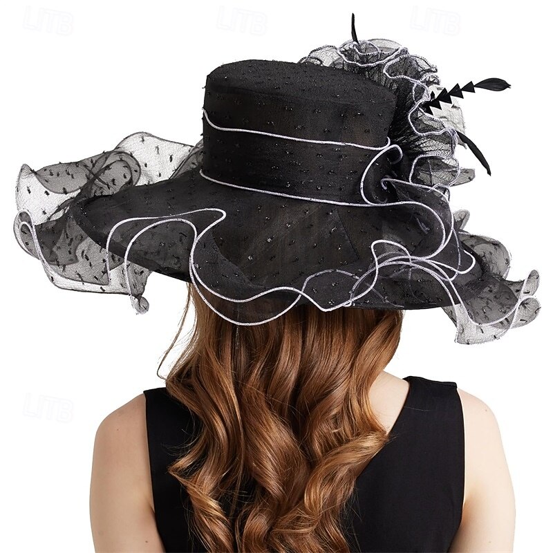 Women Elegant Organza Derby Hat Wide Brim Sun Hats for Wedding Tea Party Fascinator Hat4