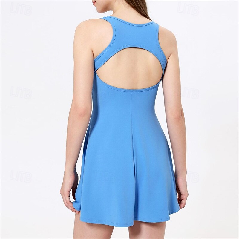 Women's Solid Colored Tennis Dress with Built in Shorts and Bra Sports Dress Sleeveless Cut Out Moisture Wicking Breathable Tennis Golf Pickleball Square Neck Open Back White Yellow Dark Navy Tennis3