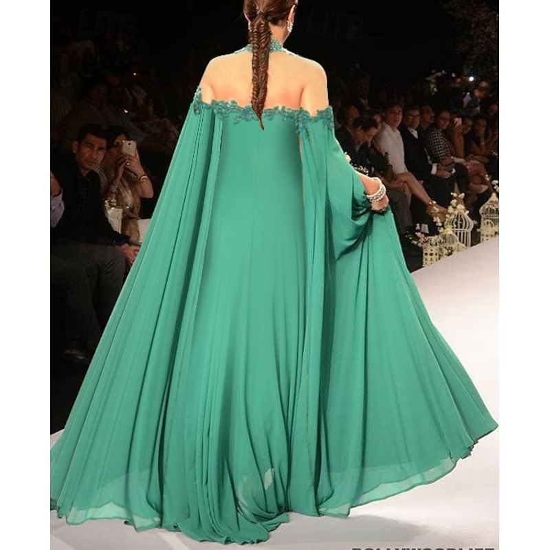 A-Line Evening Gown Elegant Dress Formal Wedding Guest Floor Length Sleeveless High Neck Fall Wedding Guest Chiffon with Appliques Pure Color2