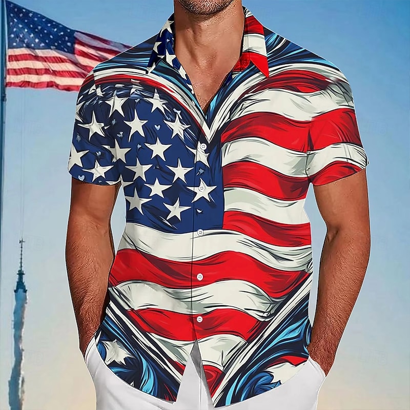Independence Day Men's Heart American US Flag Patriotic Shirt Summer Shirt Button Up Shirt Short Sleeve Fashion Casual Outdoor Vacation Dailywear Summer Spring Turndown 3D Print Collared Shirts Blue