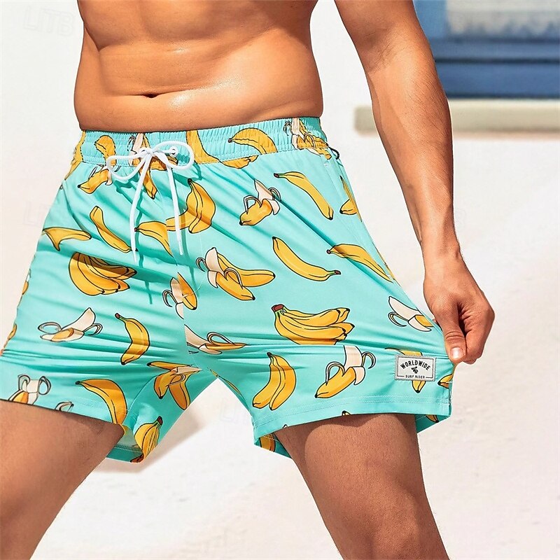Men's Swim Shorts Board Shorts Swim Trunks Print Quick dry Breathable Drawstring Elastic Waist With Compression Liner Vacation Beach Hawaiian Casual Light Green Navy Blue4