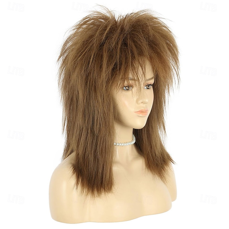 70s 80s Mullet Wig Women Shoulder Length Straight Brown Wig with Necklace Rock Disco Cosplay Party Halloween Costume Wig2