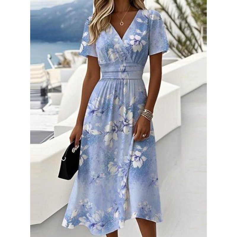 Women's Elegant Midi Dress A Line Dress Wrap Dress V Neck Short Sleeve Going out Regular Fit Floral Graphic Pink Blue Purple Green2