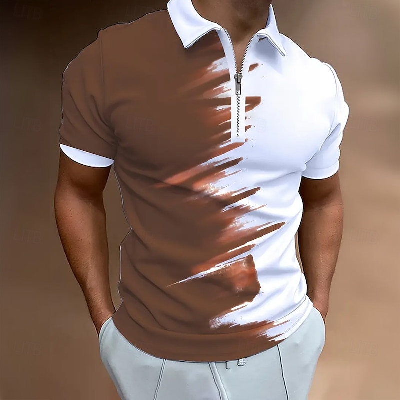 Men's Ombre Zip Polo Shirts Short Sleeve Polo Shirts Collared Shirts Casual Athleisure Daily Wear 3D Print Summer Blue Brown2