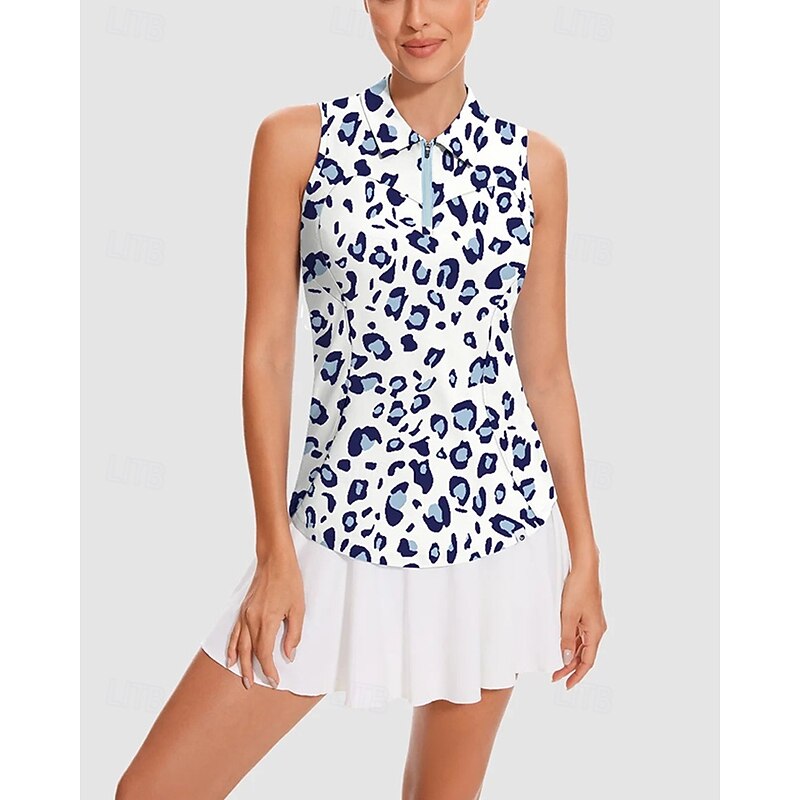 Women's Leopard Tennis Shirt Sleeveless Print UPF50+ Quick Dry Tennis Golf Badminton Zip Collar Tee Tshirt Top Blue Tennis Clothing