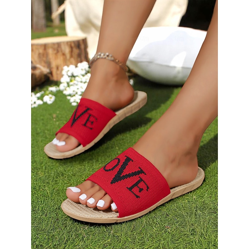Women's Flyknit Slide Sandals - Red "LOVE" Graphic, Casual Slip-On Design, Perfect for Beach Days and Casual Outings2