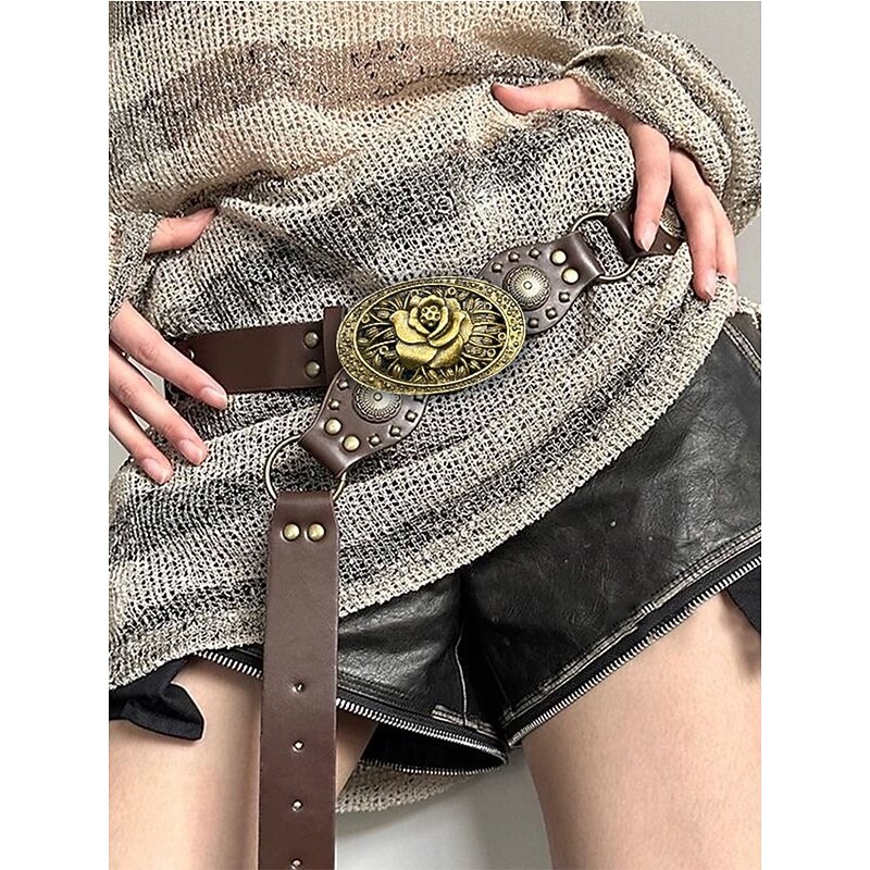 Women's Bohemian Western cowboy style belt with antique brass flower buckle, Adjustable tightness, Suitable for retro fashion, Casual or festival wear4