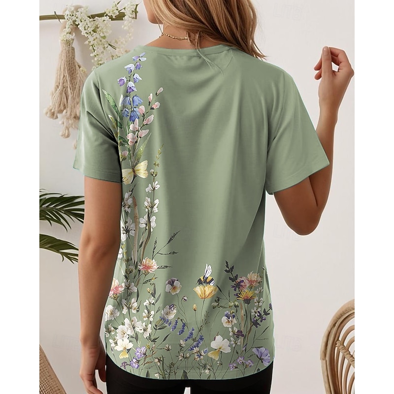 Women's T Shirt Floral Graphic Plants Vintage Stylish Classic Short Sleeve Crew Neck Round Neck Regular Tops Daily Print Purple Green off-white Gray Summer2