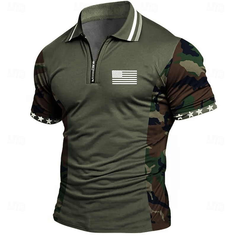 American Independence Day Men's American US Flag Zip Polo Shirts Short Sleeve Polo Shirts Collared Shirts Casual Athleisure Daily Wear 3D Print Summer Blue Green Gray