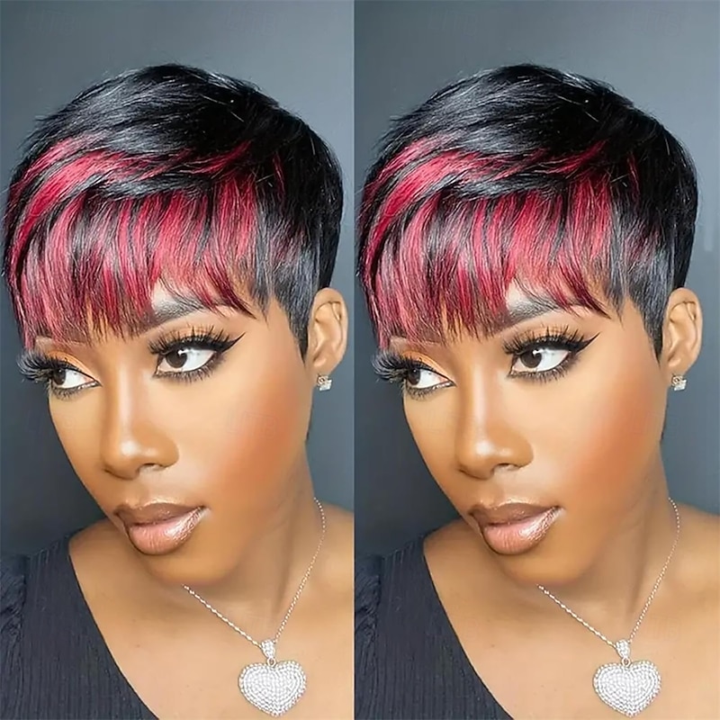 Short Pixie Cut Wig Synthetic Wig for Black Women with Burgundy Layered Short Haircut Wig Glueless Wig with Bangs Quick Get Up and Go Wig