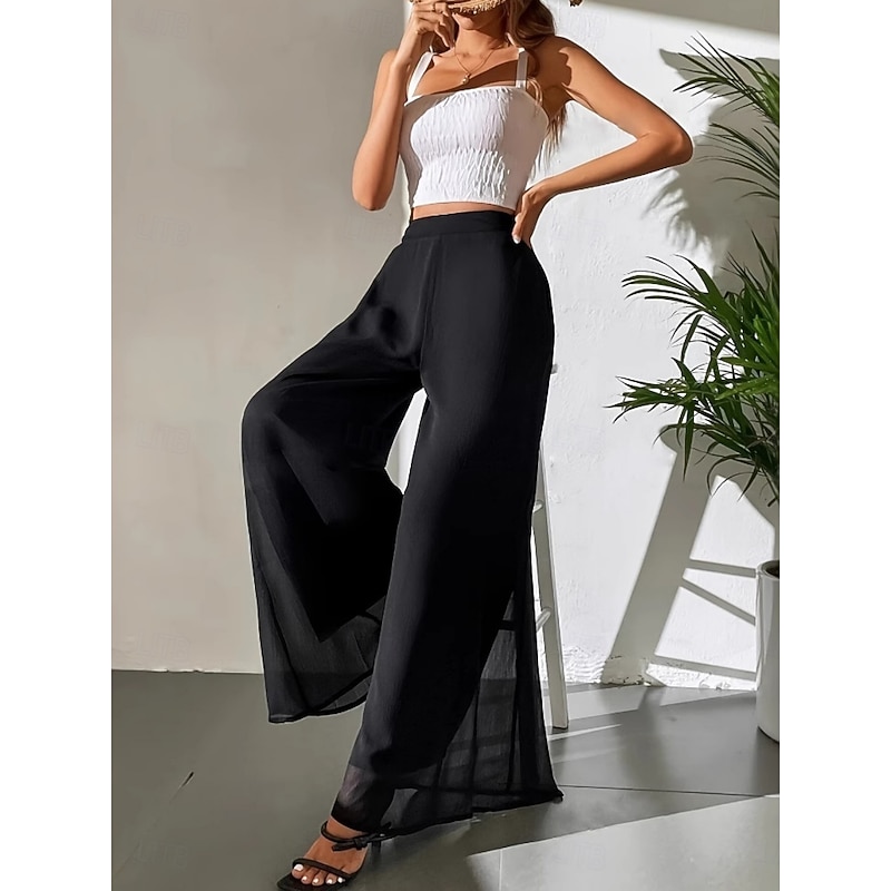 Women's Wide Leg Chinos Vacation Vintage Fashion Full Length High Waist Plain Pocket Elastic Waistband Comfy Soft Comfortable Micro-elastic Outdoor Street Black Summer Spring Loose Fit3