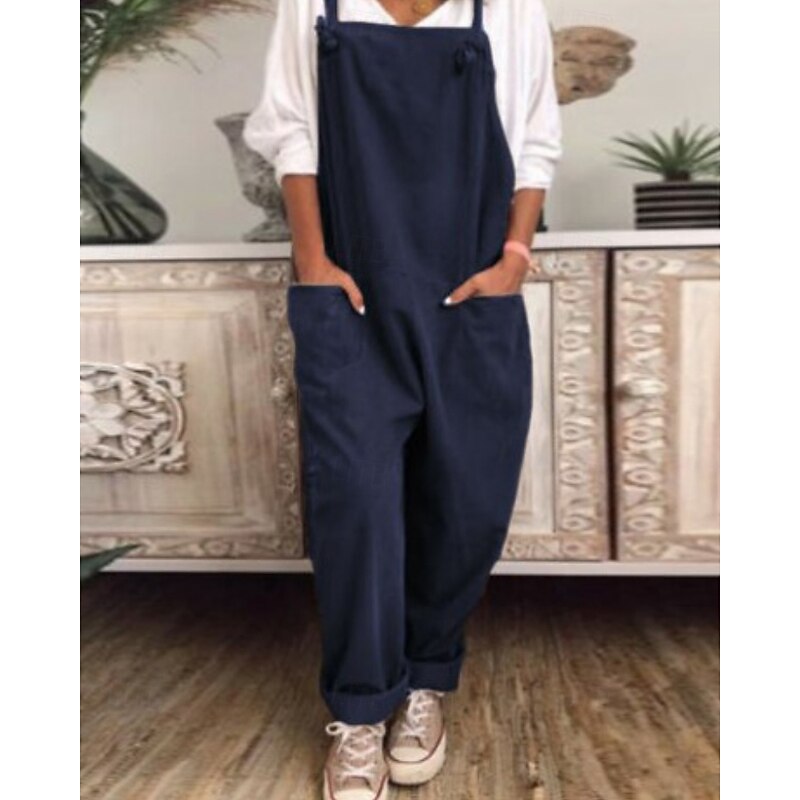 Women's Normal Cotton Linen Pants Streetwear Solid Color Sleeveless U Neck Pocket Street Daily Regular Fit Black Navy Blue Khaki Summer2