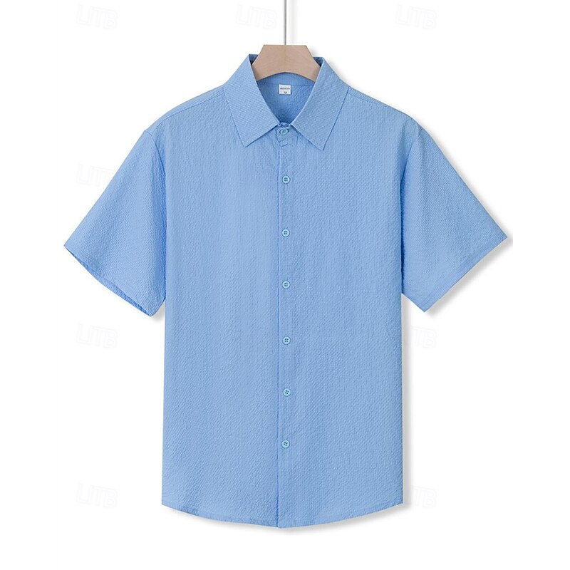 Men's Shirt Summer Shirt Casual Shirt Beach Shirt Button Up Shirt Dark Brown Black Green Dark Gray Light Blue Short Sleeve Plain Lapel Vacation Hawaiian Jacquard Clothing Apparel Polyester Fashion4